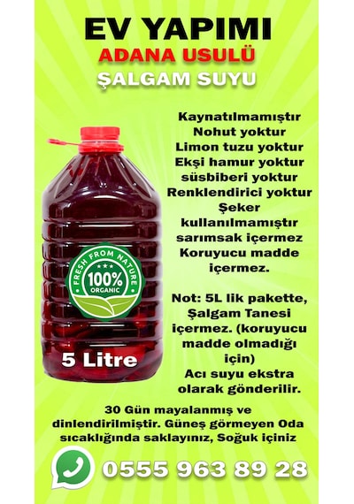 Organik Ev Yapımı Adana Usulü Şalgam Suyu 5 L