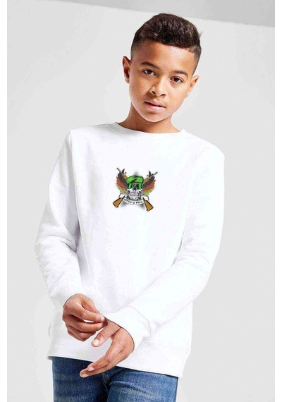 Tshirthane Spot 4 Kill Skull Kurukafa Baskılı Unisex Çocuk Beyaz Sweatshirt