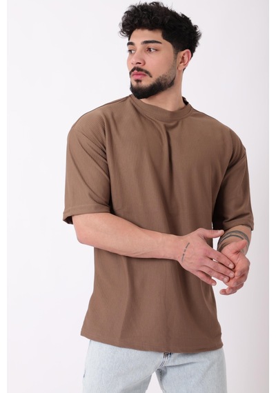 Çizgili Oversize Bisiklet Yaka Tişört Stu-2452 30463 Bej