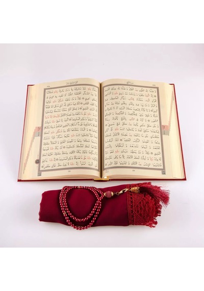 Şal + Tesbih + Kuran Hediye Seti Hafız Boy, Termo Deri, Bordo