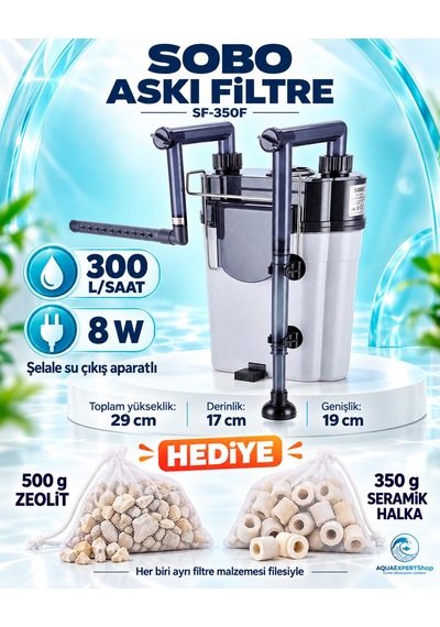 Sobo Akvaryum Askı Filtre - 300 Lt/saat - Seramik Halka + Zeolit Hediyeli - Şelale Filtreli - Aktif Temizlik - Temizlenebilir Sünger