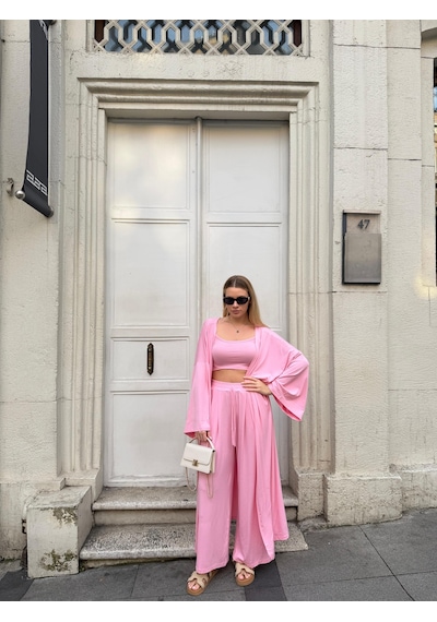 Bonacosa Kadın Viskon 3 Lü Takım Kimono + Beli Lastikli Salaş Pantolon + Crop 8 Renk Pembe Bonacosa Kadın Viskon 3 Lü Takım Kimono + Beli Lastikli Salaş Pantolon + Crop 8 Renk Pembe
