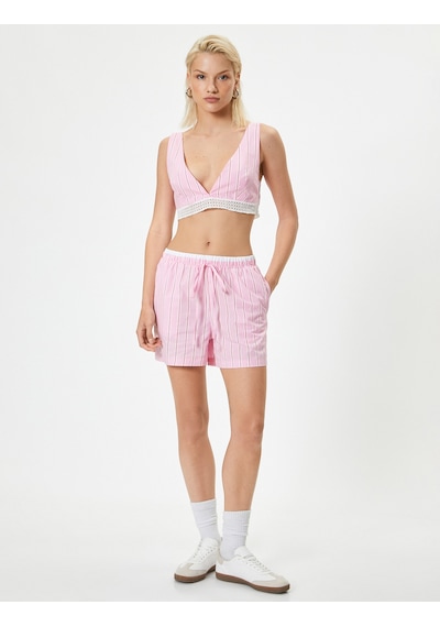 Koton Derin V Yaka Büstiyer Çizgili Dantel Detaylı Slim Fit Pınk Strıpe 4sak30121pw Pembe Çizgili
