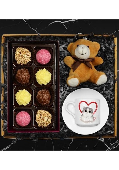 Sevgililer Gününe Özel Tasarım Kedili Fincan & Truffle Çikolata Kutusu & Peluş Ayıcık Hediye Seti