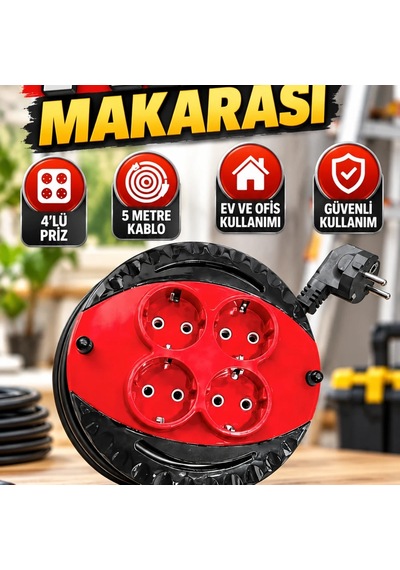 5 Metre Kablolu 4'lü Priz Makarası Kırmızı Ev Ve Ofis Tipi Diğer