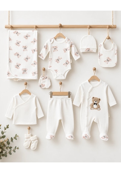 Eray Alp Kids Erkek Bebek Ayıcık Desenli Hastane Çıkışı 10'lu Set Beyaz