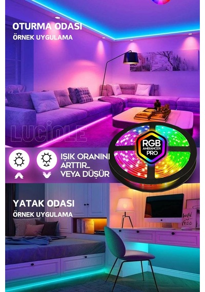 2 Mt Şerit Led Animasyonlu Tak Çalıştır Kumandalı Rgb Işık Duvar Aydınlatma Ambiyans Abajur