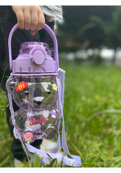 Smile Ayıcık Model Su Matarası Su Şişesi Suluk 1000ml Bpa Içermez Suluk 3d Sticker Hediye Mor Plasti Diğer