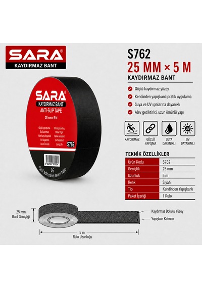 Sara S762 Kaydırmaz Bant 25 Mm X 5 M, Siyah, Kendinden Yapışkanlı