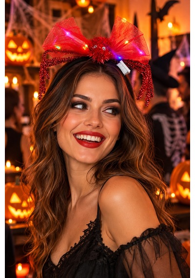Halloween Led Işıklı Örümcek Kırmızı Taç Saç Bandı Tüllü Cadılar Bayramı Parti Kostüm Aksesuarı Diğer