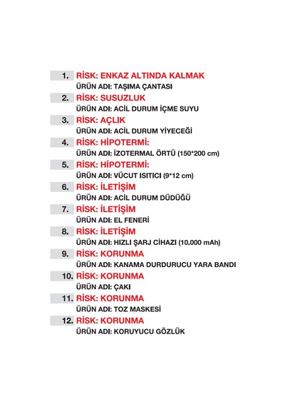 Deprem & Afet & Enkaz Çantası Hayatta Kalma Afet Çantası Acil Dur Kırmızı