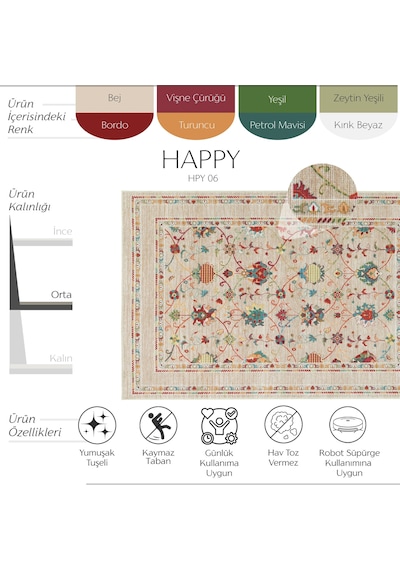 Cool Halı Happy Bej Otantik Halı Etnik Anadolu Desenli Kaymaz Bohem Modern Salon Oturma Odası Halısı