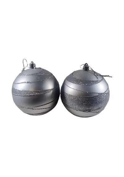 2 Adet Yılbaşı Ağacı Top Süsü 10 Cm - Tamamı Gümüş Parlak Ve Gümüş Sim Şeritli Lüks Yılbaşı Dekorasyonu Pvc Kutulu Set