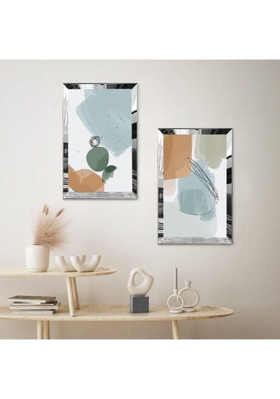 Gümüş Aynalı Pleksi Çerçeveli Renkli Modern Soyut Şekiller İkili Mdf Tablo Seti