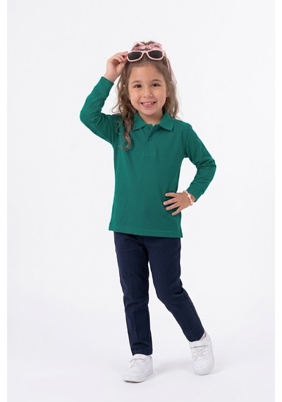 Nacar Store Unisex Çocuk Uzun Kollu Polo Yaka Lakost Okul Tişörtü Zümrüt Yeşil