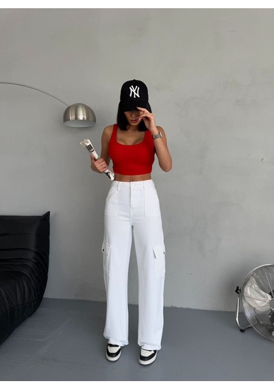 Gabardin Pantolon Wide-leg Fit Yüksek Bel Kargo Cepli Beyaz