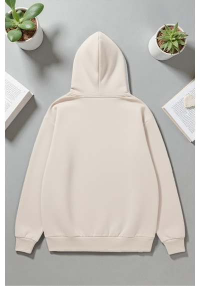 Uyguntarz Unisex Nyc Tasarım Baskılı Kapüşonlu Sweatshirt Bej