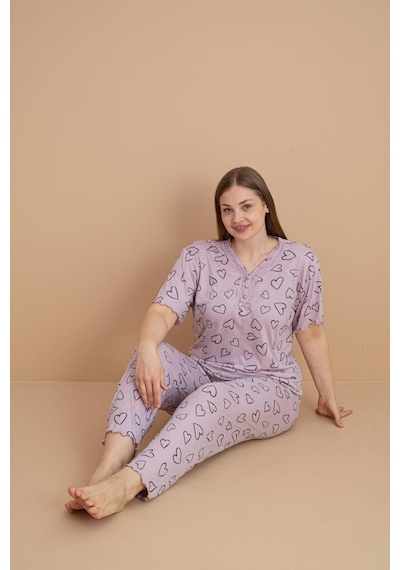 Pijamerry Kadın Büyük Beden Dantel Yaka Bambu Kısa Kol İnce Pijama Takımı 5901 - 1 Adet Lila