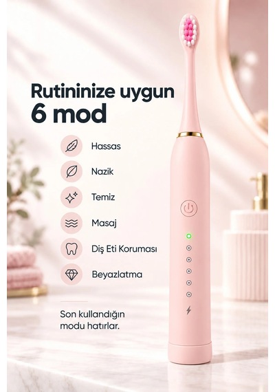 Exenar - Pembe - Şarjlı Elektrikli Diş Fırçası Dupont Yumuşak Kıllı 6 Mod 4 Yedek Başlıklı Ipx7 Su Geçirmez