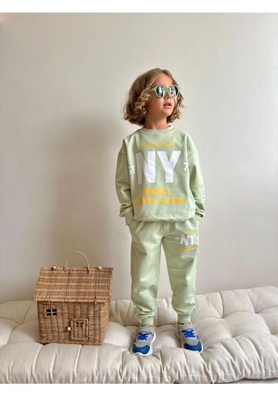 Jolly Kids Erkek Çocuk Mint Yazı Baskılı Sweatshirt Takım Mint Mint Yeşili