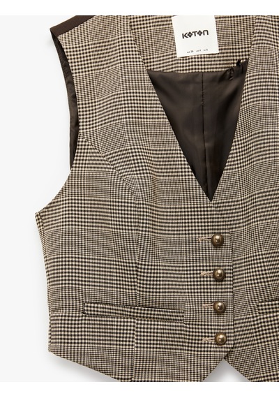 Koton Kruvaze Düğmeli Ekose Crop Blazer Yelek Kahverengi Ekose 6sak20062ew Kahverengi