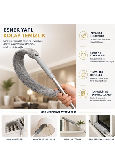 Temizleme Mopu Mikrofiber Başlıklı Girintili Yüzey Dip Köşe Temizleme Toz Alma Raf Temizleme Mopu Toz Alma Fırçası + 1 Yedekli