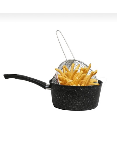 Melda Granit Kızartma Tavası 20cm Patates Cips Fritöz Telli Kızartma Tenceresi Sütlük Siyah