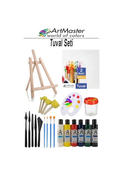 Tuval Seti 25x25 1 Paket Masaüstü Şövale Mydido Akrilik Boya Plastik Spatula Resim Fırçası Palet Ponpon Sünger Fırça
