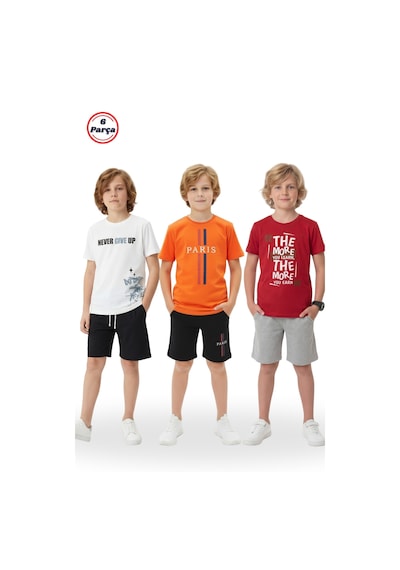 Fyk Kids 3'lü Yuvarlak Yaka Baskı Detaylı Erkek Çocuk 6 Parça Alt Üst Takım Beyaz-turuncu-kırmızı