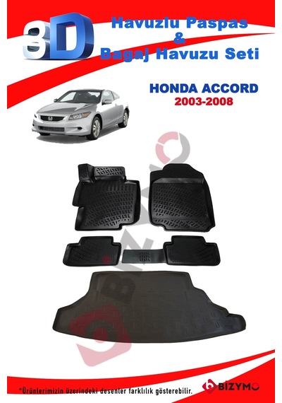 Honda Accord Sedan 2003-2008 Havuzlu Paspas ve Bagaj Seti Bizymo Siyah