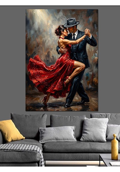 Romantik Kırmızı Elbiseli Tango Dansı Dekoratif Kanvas - Mdf Ahşap Tablo