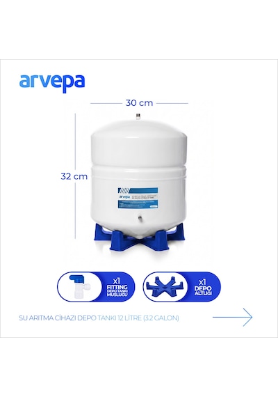 Arvepa Su Arıtma Cihazı 12 Litre (3.2 Galon) Çelik Depo Tankı - Uzun Ömürlü (Vana ve Altlık Dahil)