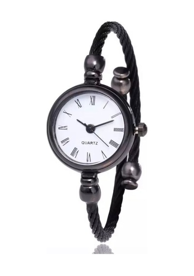 Siyah-beyaz Ince Bileklik Yuvarlak Vintage&retro Saat Siyah - Gümüş