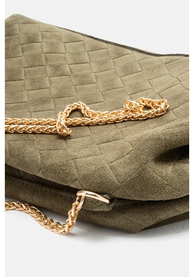 Dericlub Althea Kadın Örgü Desenli Clutch El Çantası Gerçek Süet Deri Yeşil