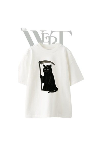 Thewert Reaper Cat 1 Tasarım Baskılı Ünisex Beyaz Oversize T-shirt