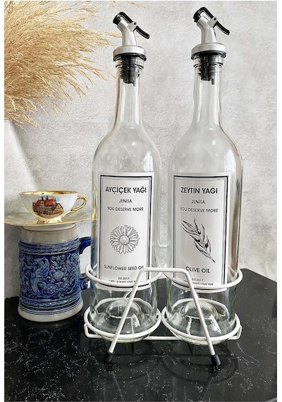 Beyaz Standlı Akıtıcılı Şeffaf 750 Ml Beyaz Etiketli Yağlık Yağdanlık Çok Renkli