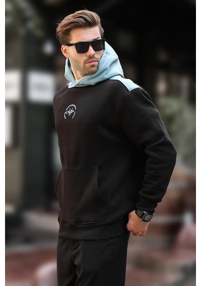 Madmext Siyah Kapüşonlu Renk Bloklu Nakış Detaylı Erkek Sweatshirt 7088 Siyah
