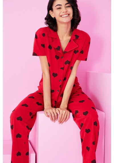 Siyah İnci Gömlek Yaka Düğmeli Örme Pijama Takım Kırmızı Siyah Kalp