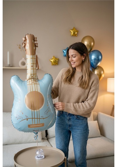 Retro Mat Mavi Gitar Folyo Balon 46x89 Cm Müzik Temalı Doğum Günü Parti Süsü Çok Renkli