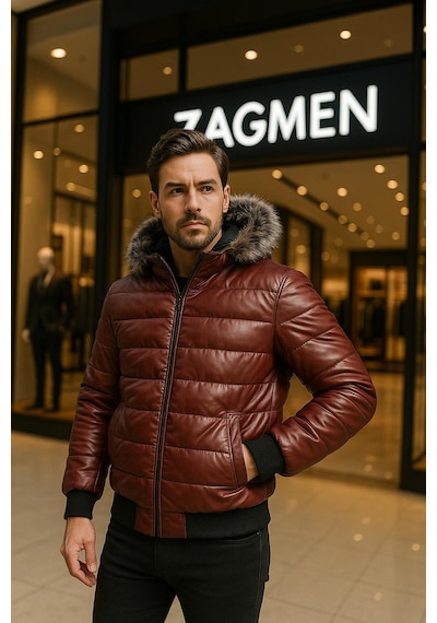 Zagmen Erkek Kürk Yaka Şişme Suni Deri Mont Bordo