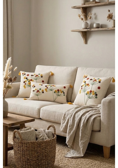 Polen Flora Punch Nakışlı 3'lü Dekoratif Kırlent Kılıfı Seti 2 Adet 42x42 Cm + 1 Adet 35x55 Cm Bej