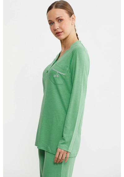 Feminight Sementa 76438 Yarım Düğmeli Cep Detaylı Pijama Takım Yeşil
