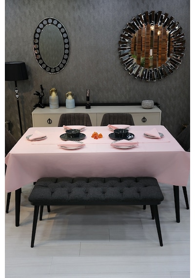 Dream 8 Parça Masa Örtüsü Seti Çeyiz Seti Salon Masa Örtüsü, Runner, 6'lı Peçete Pembe