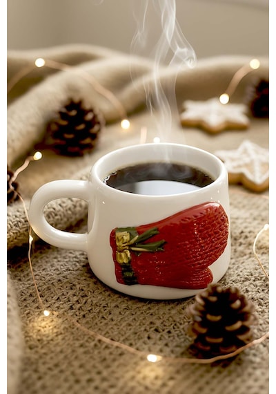 Rivaistanbul Eldiven Amore 24 K Altın Süslemeli El Yapımı Yılbaşı Hediyesi Seramik Double Kahve Fincanı, Mug, Kupa Beyaz