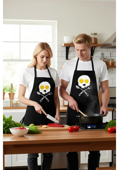 Erkek Unisex Aşçı Önlüğü Kuru Kafa Baskılı Mutfak Sanatçısı Motif Siyah