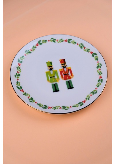 Tabak Evi Porselen Altın Yaldızlı Kurşun Asker Pasta Tabağı 20,50cm Tekli Çok Renkli
