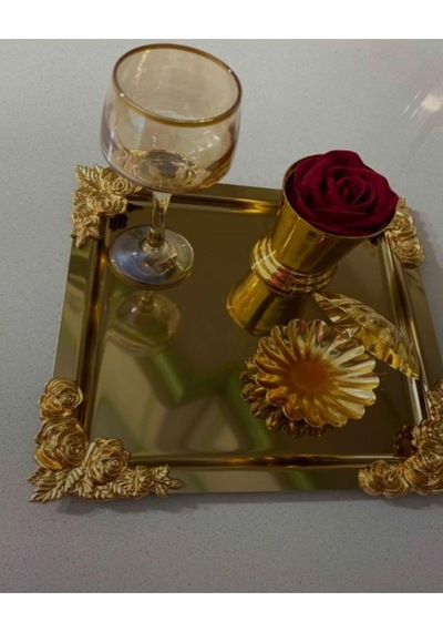 6'li Kahve & Çay & Sunum Tepsisi Metal Döküm Gül Model Gold Çok Renkli