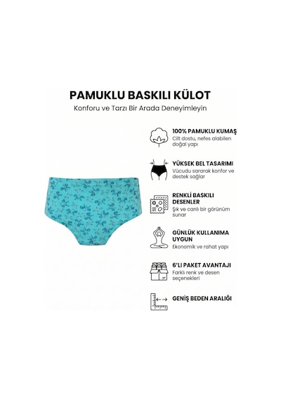 Seher Iç Giyim 6Lı Kadın Pamuklu Empirme Külot Yüksek Bel Bato