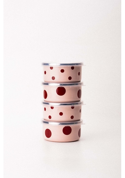 Emaylabxpeppythings Cherry Emaye 4 Lü Kapaklı Kase Çerezlik, Kahvaltılık, Reçellik, Zeytinlik, Sunumluk Seti 8cm 200 Ml Pembe - Bordo