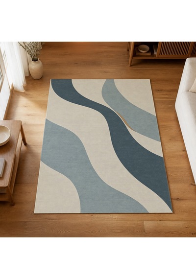 Kartela Halı Akış Dalgalı Modern Halı Mavi Kaymaz Taban Makinede Yıkanabilir Salon Halısı 80x120 Cm